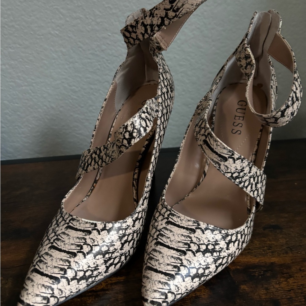 GUESS Snake-Print Pointed Toe Heels in Cream and Black
